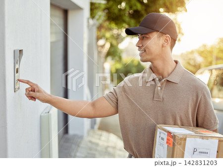 Man, doorbell and courier person with package for ecommerce delivery, transmission and distribution. Employee, box parcel and ring buzzer of intercom for security, confirmation and communication. Man, doorbell and courier person with package for ecommerce delivery, transmission and distribution. Employee, box parcel and ring buzzer of intercom for security, confirmation and communication. 142831203