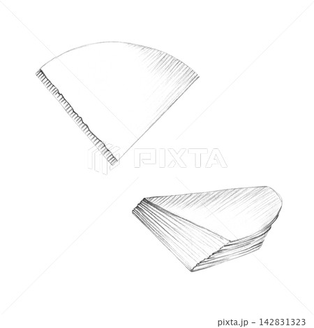 Paper coffee filters hand drawn graphite pencil illustration. Cone and stack graphics black and white isolated sketch for specialty coffee packaging, modern cafe menus, brewing guides design Paper coffee filters hand drawn graphite pencil illustration. Cone and stack graphics black and white isolated sketch for specialty coffee packaging, modern cafe menus, brewing guides design 142831323