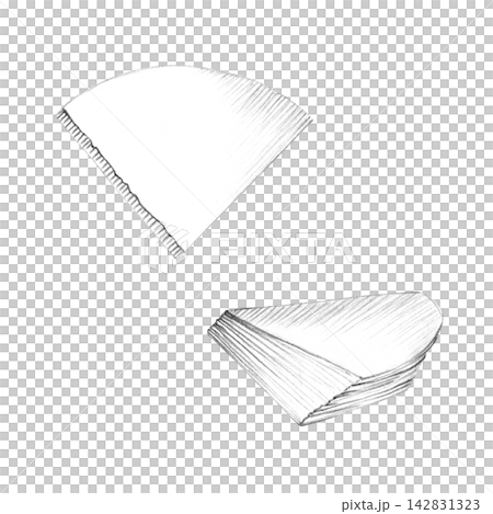 Paper coffee filters hand drawn graphite pencil illustration. Cone and stack graphics black and white isolated sketch for specialty coffee packaging, modern cafe menus, brewing guides design Paper coffee filters hand drawn graphite pencil illustration. Cone and stack graphics black and white isolated sketch for specialty coffee packaging, modern cafe menus, brewing guides design 142831323