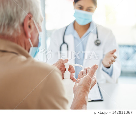 Patient, hospital and cleaning hands for germs or healthcare, hygiene and safety protocol for diseases or viruses. Senior person, female doctor and sanitiser for disinfection, sterilization and risk. Patient, hospital and cleaning hands for germs or healthcare, hygiene and safety protocol for diseases or viruses. Senior person, female doctor and sanitiser for disinfection, sterilization and risk. 142831367