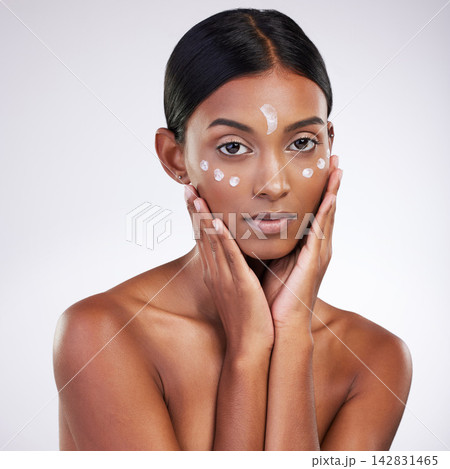 Woman, face cream or portrait for beauty by studio with application, cosmetics or pride by space. Female model, collagen or skincare treatment with lotion, moisturizer or benefits by white background 142831465
