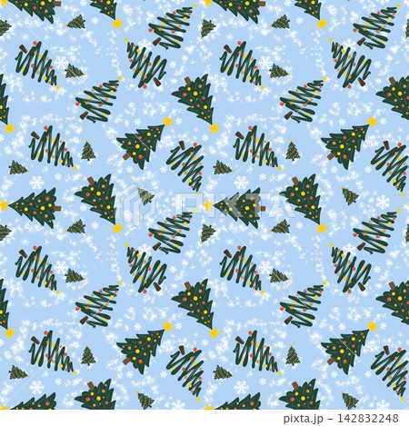 Christmas seamless pattern with decorated trees, snowflakes and colorful lights 142832248