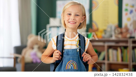 Happy, face and child in classroom for education, learning and ready for morning kindergarten. Smile, school and portrait of girl or student with knowledge, studying and pride for academic lesson Happy, face and child in classroom for education, learning and ready for morning kindergarten. Smile, school and portrait of girl or student with knowledge, studying and pride for academic lesson 142832438