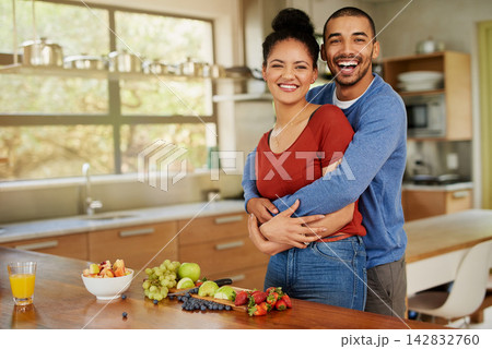 Portrait, house and couple with smile, hug and peace with romance, relationship and bonding together. Kitchen, embrace or man with woman, nutrition or vegan breakfast with care, happiness or marriage Portrait, house and couple with smile, hug and peace with romance, relationship and bonding together. Kitchen, embrace or man with woman, nutrition or vegan breakfast with care, happiness or marriage 142832760