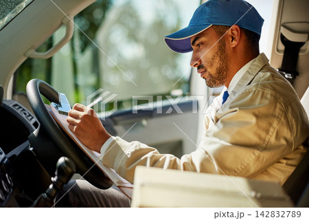 Delivery man, courier transport or van with clipboard for shipping, transportation service and distribution. Male person, vehicle and pen for online shopping order or logistics worker, box or mail Delivery man, courier transport or van with clipboard for shipping, transportation service and distribution. Male person, vehicle and pen for online shopping order or logistics worker, box or mail 142832789