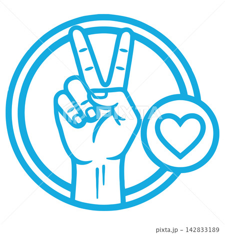 Peace sign hand gesture with heart symbol in blue color 142833189