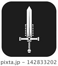 Sword icon with white silhouette on black background, medieval weapon symbol 142833202