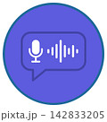 Blue speech bubble icon with white microphone and sound waves 142833205