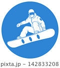 Snowboarder in action on snowboard performing tricks on mountain 142833208