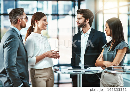 Speaker, group and colleagues with smile in meeting, collaboration and working together for research. Brainstorming, men and women in office, cooperation and teamwork for PR and employees in project 142833551