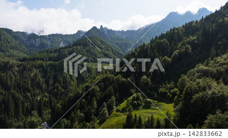 Aerial View Winding Alpine Road Green Valley Austria Village Aerial View Winding Alpine Road Green Valley Austria Village 142833662