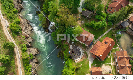 Rastoke Slunj Aerial View Waterfalls Historic Mill Village Croatia Rastoke Slunj Aerial View Waterfalls Historic Mill Village Croatia 142833690