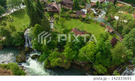 Rastoke Slunj Aerial View Waterfalls Historic Mill Village Croatia Rastoke Slunj Aerial View Waterfalls Historic Mill Village Croatia 142833691