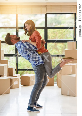 Happy couple, celebrate and hug for new home with support, excited or bonding with love for dream house. Homeowner, man or woman in relationship with box for relocation, property investment or moving Happy couple, celebrate and hug for new home with support, excited or bonding with love for dream house. Homeowner, man or woman in relationship with box for relocation, property investment or moving 142833762