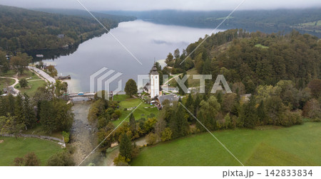 Aerial Panorama Lake Bohinj St John Baptist Church Slovenia Aerial Panorama Lake Bohinj St John Baptist Church Slovenia 142833834