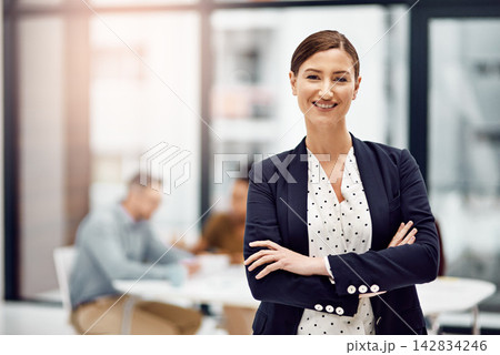 Office, confidence and portrait of woman with arms crossed for business meeting, planning and consulting. Happy, employee and pride in workshop with career for corporate accounting, budget and report 142834246