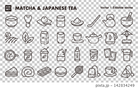 Matcha and Japanese tea culture icon set (thin lines, vector materials) for cafes and Japanese culture. Matcha and Japanese tea culture icon set (thin lines, vector materials) for cafes and Japanese culture. 142834249