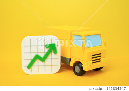 A delivery truck and a growth chart. Increase in shipments. Concept of logistics expansion and rising demand. Symbol of transportation business growth today. Market expansion. 142834347