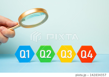 Examining business quarters of the year with a magnifying glass. Concept of financial audit and performance analysis. Symbol of detailed business reporting. Careful review. Examining business quarters of the year with a magnifying glass. Concept of financial audit and performance analysis. Symbol of detailed business reporting. Careful review. 142834357