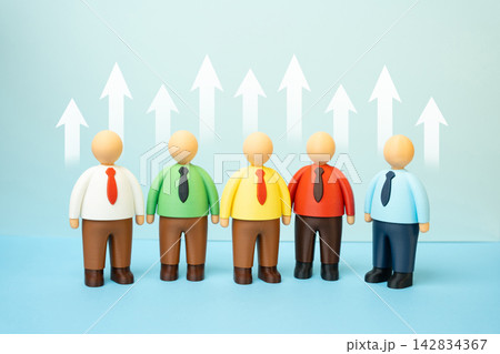 A team of office workers and upward arrows. Job promotion and career growth. Gaining experience. Skill improvement. Ambition and professional development. A team of office workers and upward arrows. Job promotion and career growth. Gaining experience. Skill improvement. Ambition and professional development. 142834367