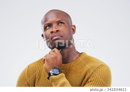 Black man, hand and thinking of idea in studio for decision, contemplation and thoughts of introspection. Male person, doubt and confused for future career, isolated and white background with space. Black man, hand and thinking of idea in studio for decision, contemplation and thoughts of introspection. Male person, doubt and confused for future career, isolated and white background with space. 142834621