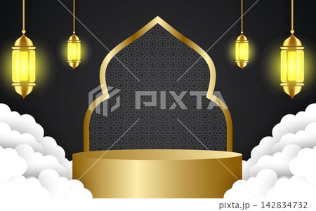 Modern Islamic holiday banner. Show off the podium with Ramadan lantern Modern Islamic holiday banner. Show off the podium with Ramadan lantern 142834732