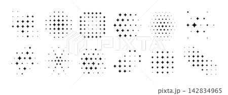 Set of star patterns with halftone effect isolated on white background. Collection of different shapes with faded sparkles print. Abstract starry design elements. Vector graphic illustration 142834965