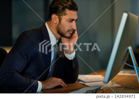 Computer, reading and Indian man in office, night and health of eyes, straining and vision for email. Overtime, stock market and employee online, corporate and person in agency, internet and business Computer, reading and Indian man in office, night and health of eyes, straining and vision for email. Overtime, stock market and employee online, corporate and person in agency, internet and business 142834971