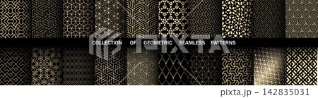 Geometric set of seamless black and golden patterns. Simple vector graphics 142835031