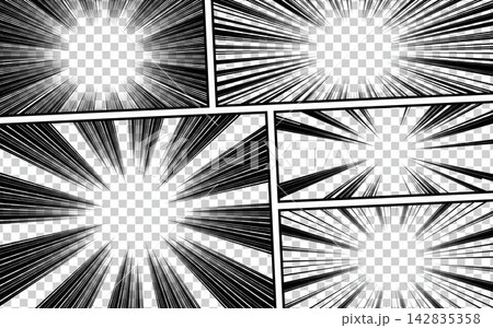 Comic book page template with halftone radial and rays effect in pop art style Comic book page template with halftone radial and rays effect in pop art style 142835358