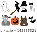 おばけ魔女吸血鬼ガイコツフランケンシュタインパンプキンオオカミコウモリハロウィンキャラのイラスト 142835521