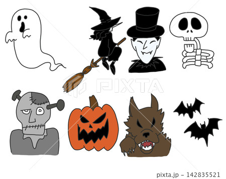おばけ魔女吸血鬼ガイコツフランケンシュタインパンプキンオオカミコウモリハロウィンキャラのイラスト おばけ魔女吸血鬼ガイコツフランケンシュタインパンプキンオオカミコウモリハロウィンキャラのイラスト 142835521