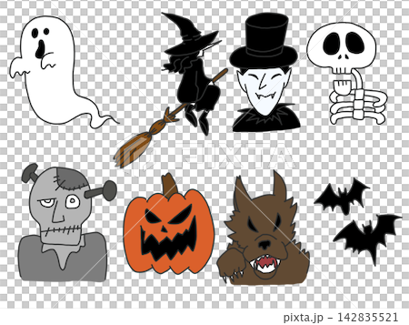 おばけ魔女吸血鬼ガイコツフランケンシュタインパンプキンオオカミコウモリハロウィンキャラのイラスト おばけ魔女吸血鬼ガイコツフランケンシュタインパンプキンオオカミコウモリハロウィンキャラのイラスト 142835521