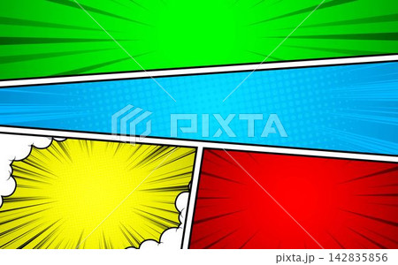 Comic book page template with radial halftone effect in pop art style. 142835856