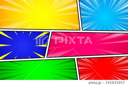 Comic book page template with radial halftone effect in pop art style. 142835857