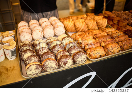MOSCOW, RUSSIA - MAY 24, 2026: Assorted Fresh Pastries Display - Croissants, Donuts, and Baked Goods at Market MOSCOW, RUSSIA - MAY 24, 2026: Assorted Fresh Pastries Display - Croissants, Donuts, and Baked Goods at Market 142835887