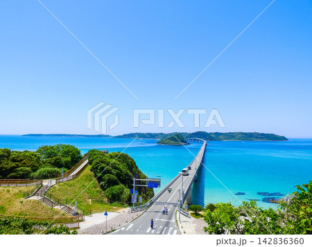 下関市角島に続く角島大橋とコバルトブルーの海は絶景スポット 下関市角島に続く角島大橋とコバルトブルーの海は絶景スポット 142836360