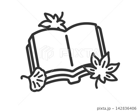 読書と紅葉のアイコン（線画）のイラスト 142836406