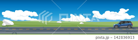 Horizontal of SUV car driving on asphalt road. Scenic highway road running through a green meadow landscape with a single car driving under a bright blue sky with white clouds. For banner background. Horizontal of SUV car driving on asphalt road. Scenic highway road running through a green meadow landscape with a single car driving under a bright blue sky with white clouds. For banner background. 142836913