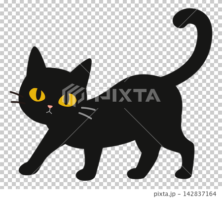 A simple illustration of a walking black cat with striking yellow eyes. A simple illustration of a walking black cat with striking yellow eyes. 142837164