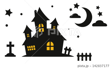 三日月と星が輝く夜空に浮かび上がるハロウィンのお屋敷のシルエットイラスト素材 三日月と星が輝く夜空に浮かび上がるハロウィンのお屋敷のシルエットイラスト素材 142837177