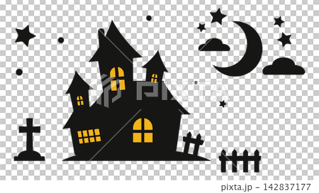 三日月と星が輝く夜空に浮かび上がるハロウィンのお屋敷のシルエットイラスト素材 三日月と星が輝く夜空に浮かび上がるハロウィンのお屋敷のシルエットイラスト素材 142837177