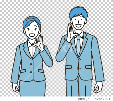 An illustration of a man and woman in suits speaking to a customer. An illustration of a man and woman in suits speaking to a customer. 142837204
