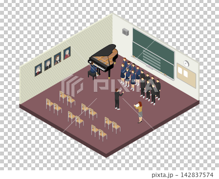 アイソメトリックイラスト：音楽室で合唱の練習をする中学生(冬服) 142837574