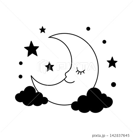 目を閉じてほほえむ三日月と星の夜空のイラスト(白黒) 目を閉じてほほえむ三日月と星の夜空のイラスト(白黒) 142837645