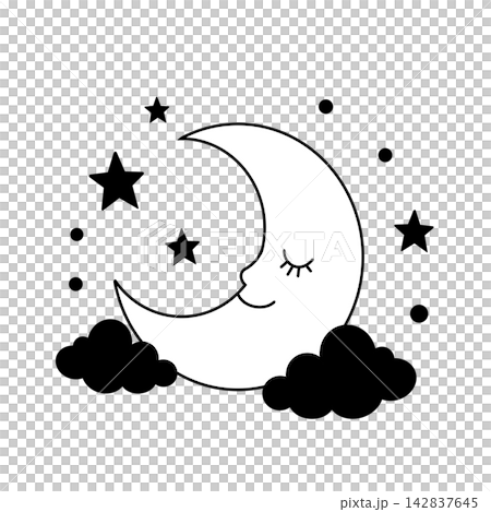 目を閉じてほほえむ三日月と星の夜空のイラスト(白黒) 目を閉じてほほえむ三日月と星の夜空のイラスト(白黒) 142837645