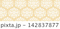 Beige background displays repeating white floral lace patterns. Symmetrical motifs form a soft, elegant texture. Perfect for wedding invitations or stationery design 142837877
