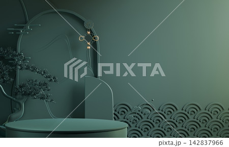 Chinese display stand with a chinaese decoration for present product,Green and red color Asia style background. 3D rendering 142837966