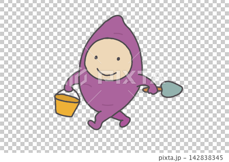 An illustration of a child dressed in a sweet potato costume going sweet potato digging. An illustration of a child dressed in a sweet potato costume going sweet potato digging. 142838345
