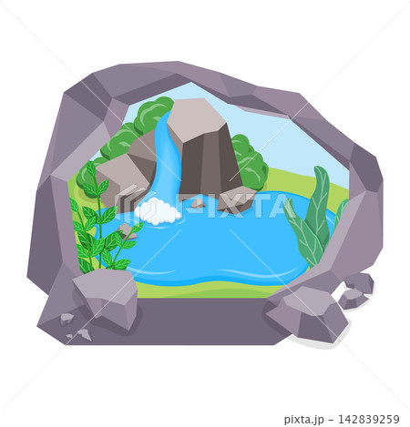 3D Isometric Flat Vector Illustration of Cave From Inside, Panoramic Vista From Stone Cave Entrance. Item 1 3D Isometric Flat Vector Illustration of Cave From Inside, Panoramic Vista From Stone Cave Entrance. Item 1 142839259